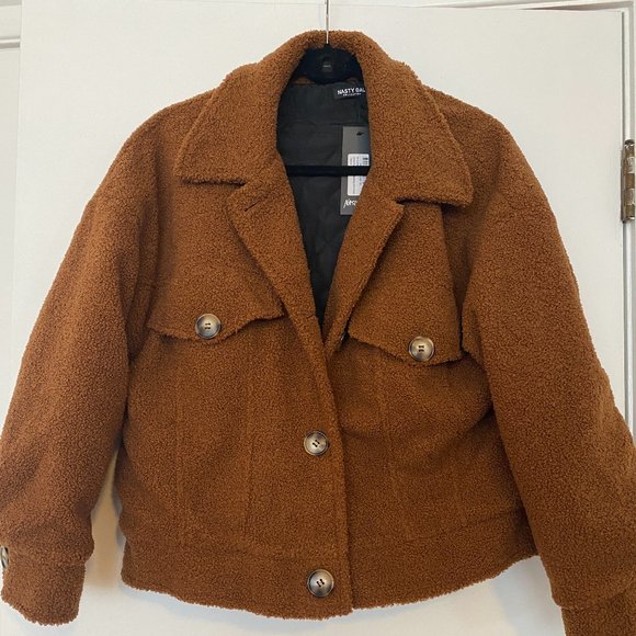 NWT Nasty Gal Shearling Jacket Brown Size Small - Picture 1 of 5